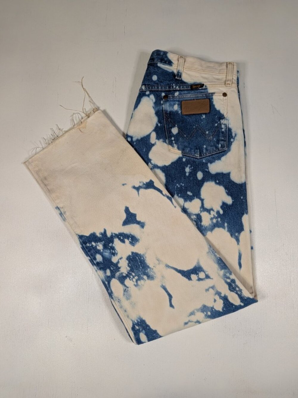 Wrangler Cowboy Cut Bleach Splatter Jeans Mens 36x34 Reworked Patch Raw Hem